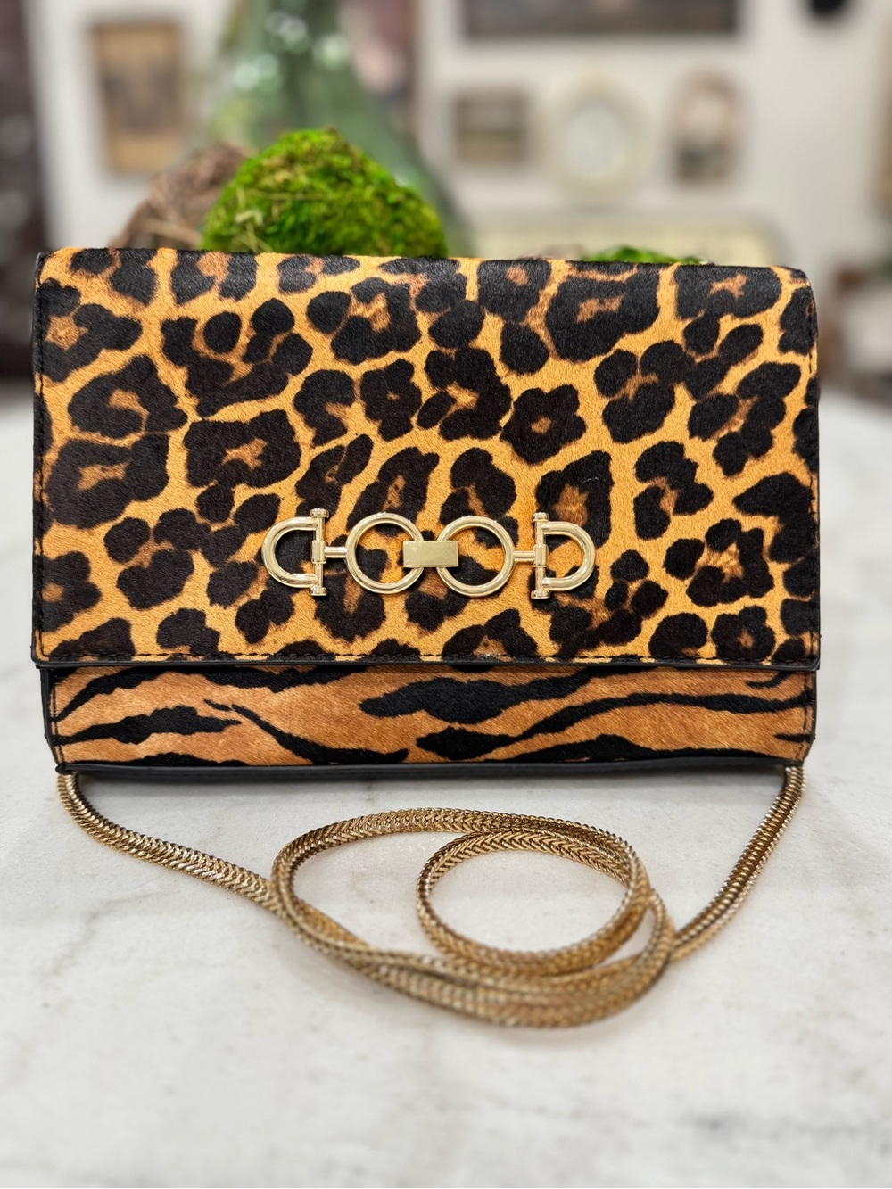 Aldo Pelillan leopard print crossbody calf hair gold chain